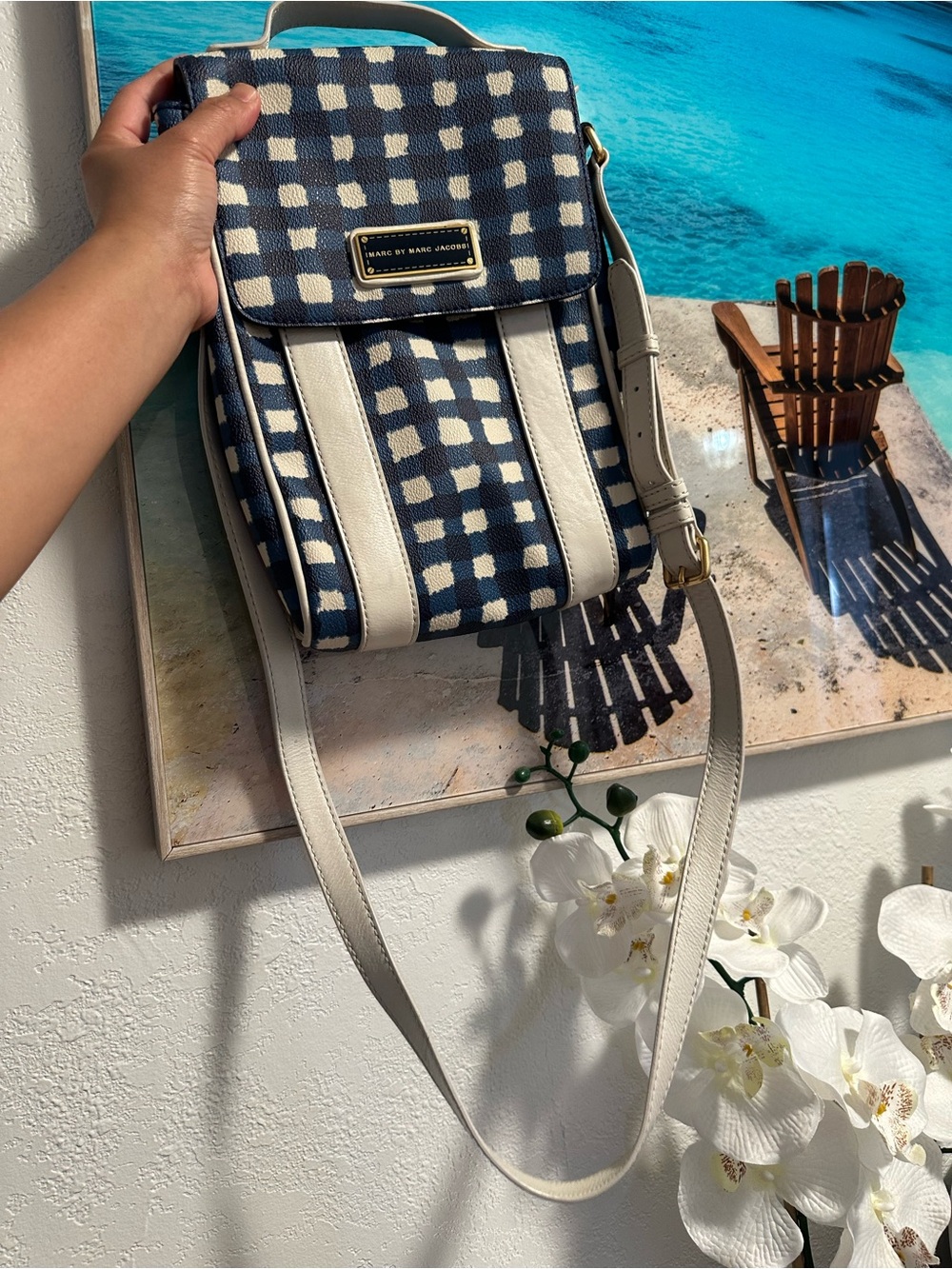 Marc by Marc Jacobs Navy & White Check Canvas Backpack Crossbody - Picture 6 of 11